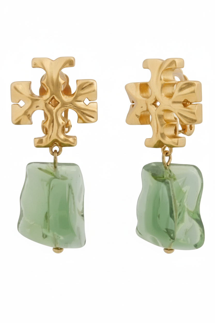 Aretes TB dorados con colgante verde translúcido -5163