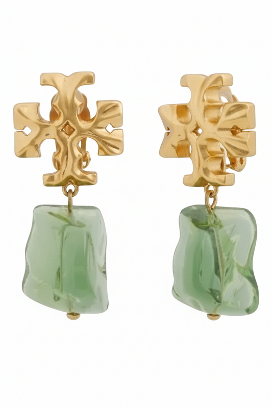 Aretes TB dorados con colgante verde translúcido -5163