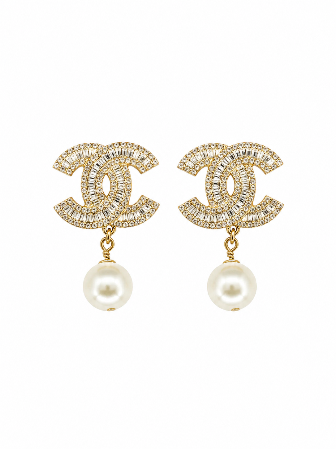 Aretes CC dorados con diamantes y perla colgante -5082