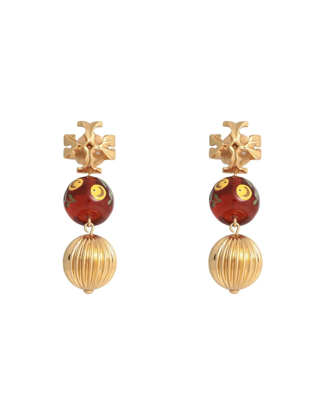 Aretes TB dorados con detalles rojos y colgante esférico -5165