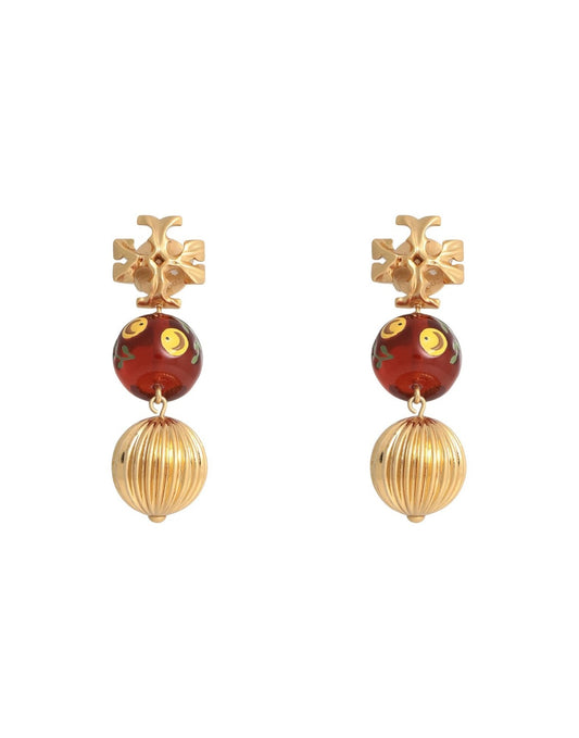Aretes TB dorados con detalles rojos y colgante esférico -5165