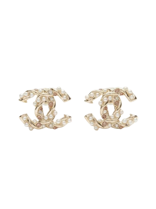 Aretes CC logo dorado y perlas -5097
