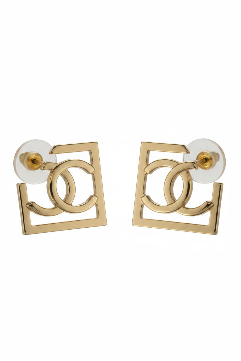 Aretes CC logo dorado en marco geométrico -5099