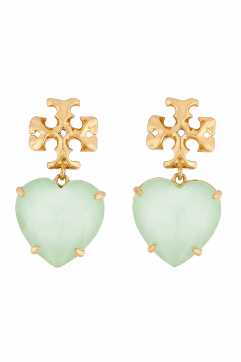 Aretes TB dorados con colgante de corazón verde pastel -5160