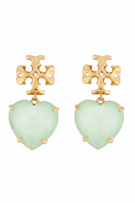 Aretes TB dorados con colgante de corazón verde pastel -5160