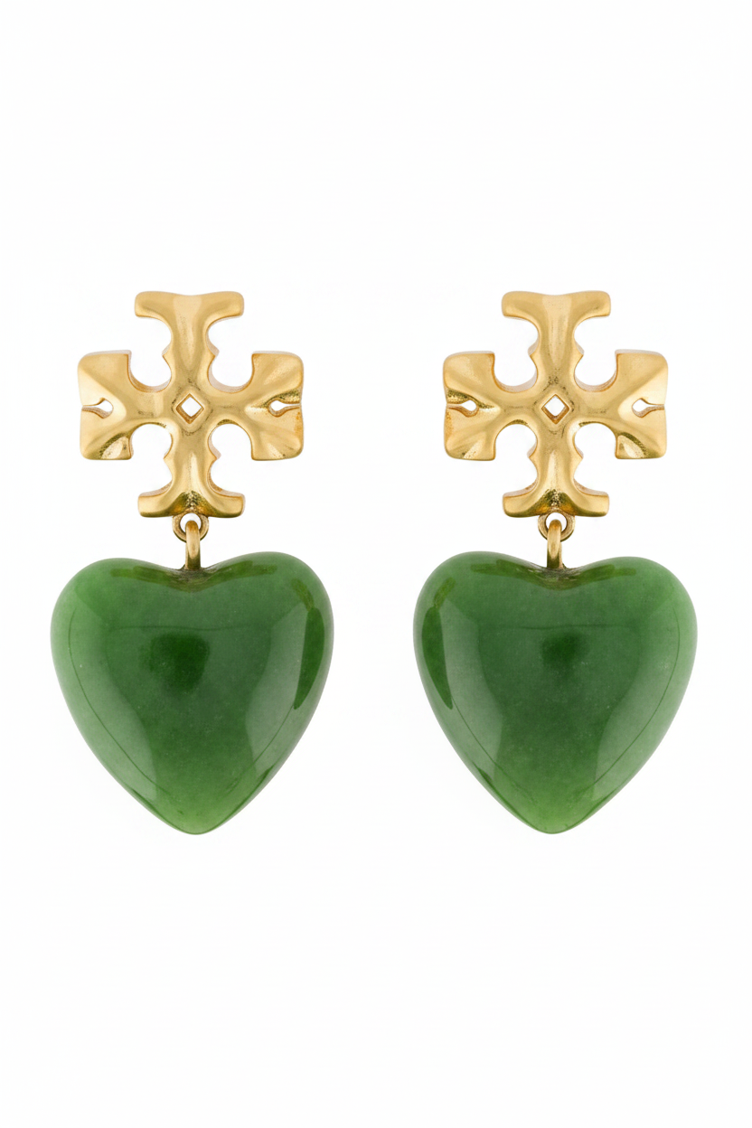 Aretes TB dorados con colgante de corazón verde -5159