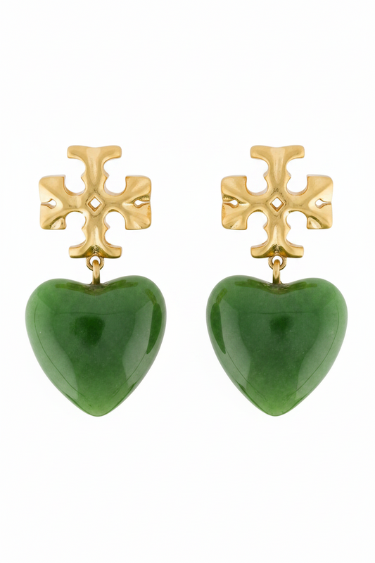 Aretes TB dorados con colgante de corazón verde -5159